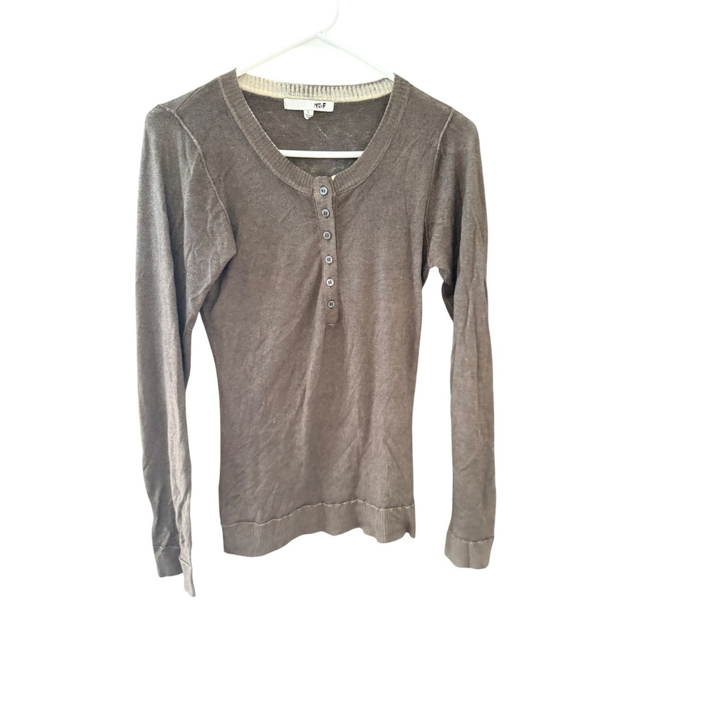 NSF Womens Wool Cashmere Henley Knit Top Brown Long Sleeve Size Large